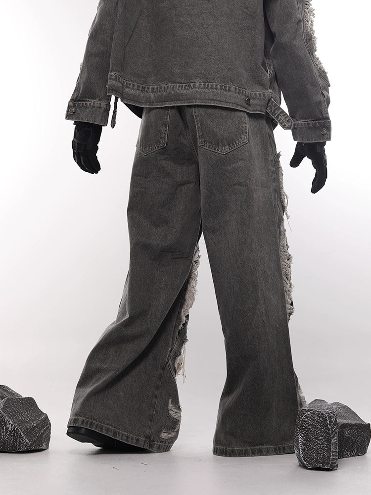 Frayed Washed Damage Wide Leg Denim Jeans WN18687