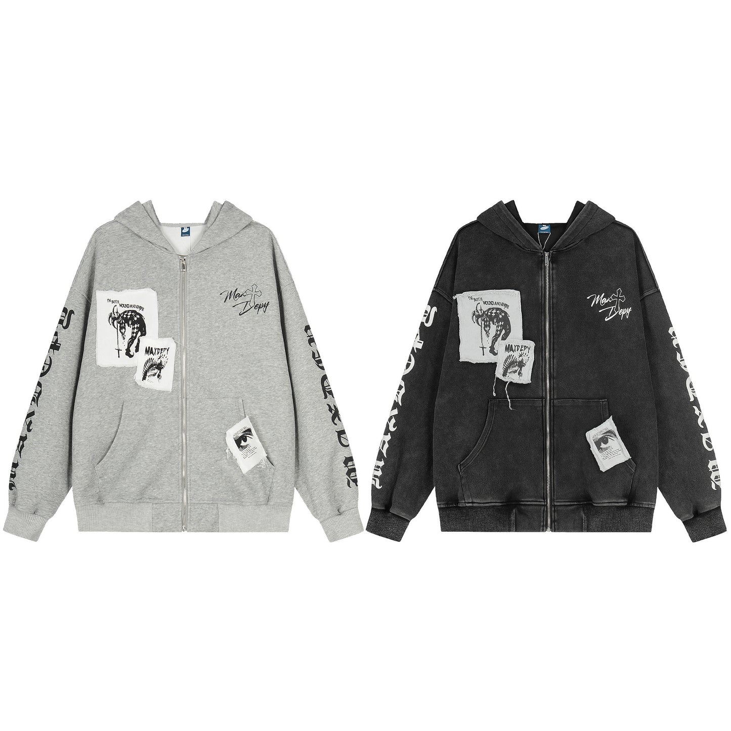 Mix Patch Graphic Washed Zipper Hoodie WN23598