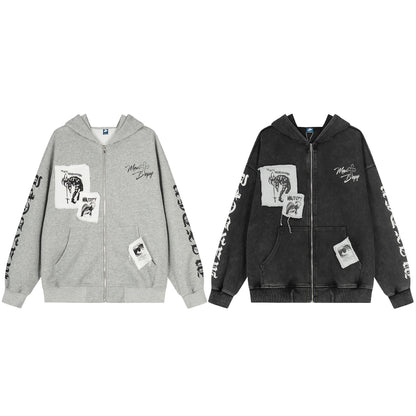 Mix Patch Graphic Washed Zipper Hoodie WN23598