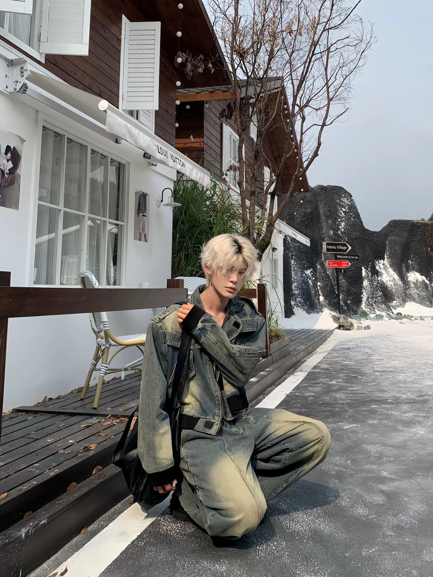 Washed Damage Denim Jacket & Wide Leg Denim Jeans Setup WN19934