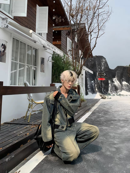 Washed Damage Denim Jacket & Wide Leg Denim Jeans Setup WN19934