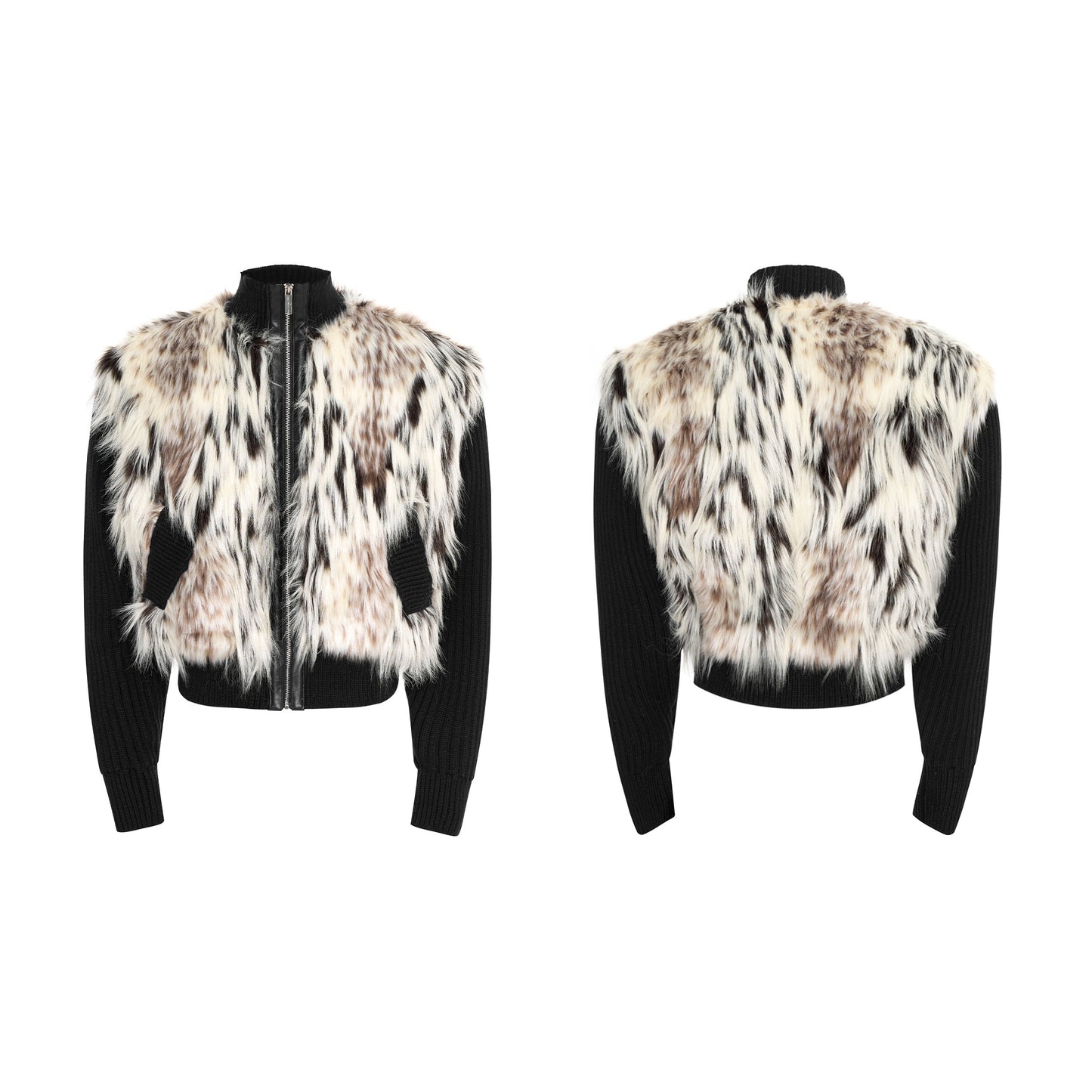 Fake Fur Stand Neck Zipper Knit Cardigan WN22696