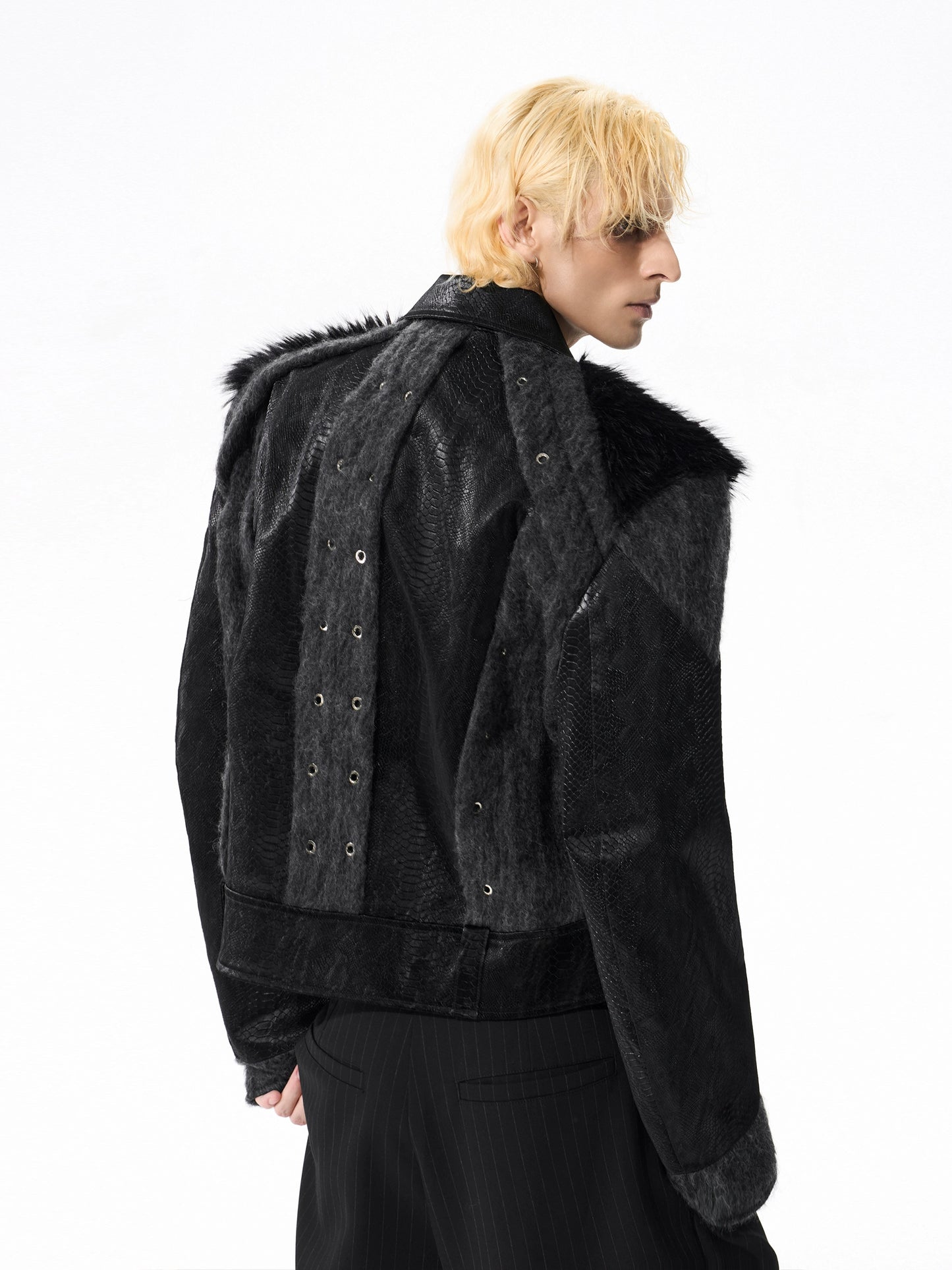 Fake Fur Mix Snake Texture PU Leather Jacket WN21781