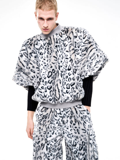 Leopard Patchwork Fake Fur High-Neck Short Sweatpshirt & Wide Leg Pants Setup WN21815