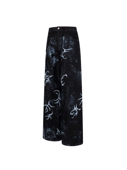 Graffiti Totem Print Wide Leg Denim Jeans WN27881