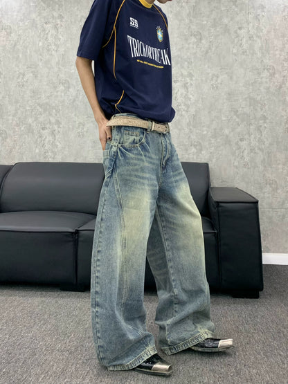 Curved Line Washed Wide Leg Denim Jeans WN22192
