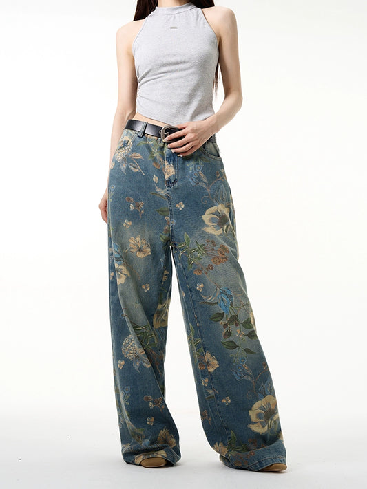 Floral Print Wide-Leg Straight Denim Jeans WN7630