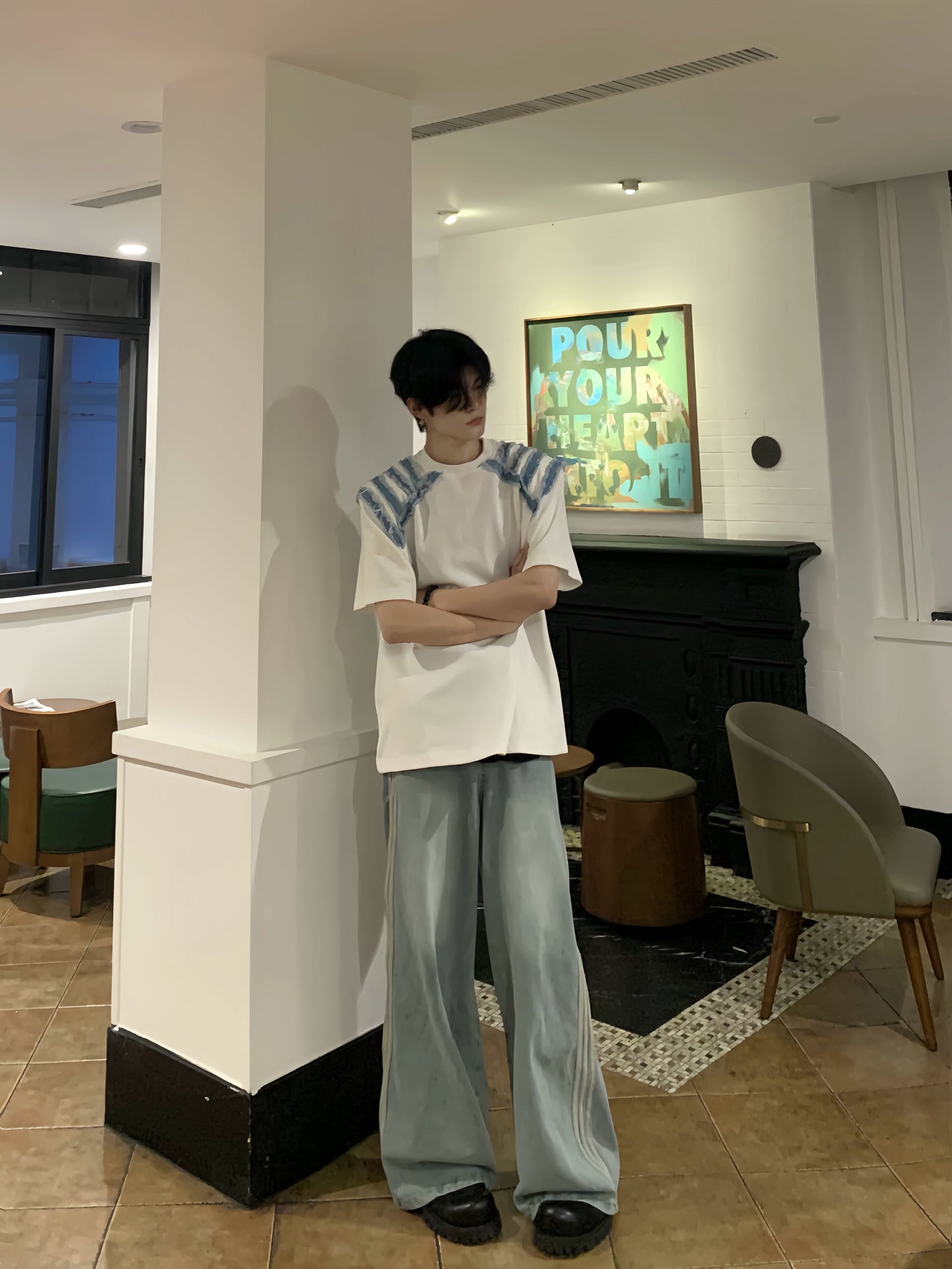 Denim Stripe Patchwork Short Sleeve T-Shirt WN19801