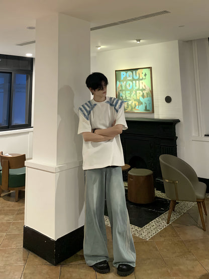 Denim Stripe Patchwork Short Sleeve T-Shirt WN19801