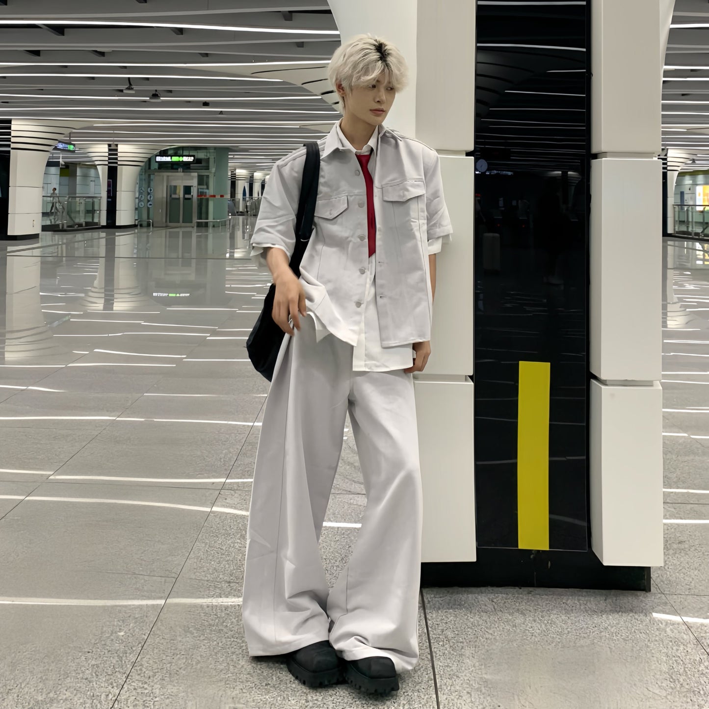 Striped Shoulder Lapel Short Sleeve Jacket & Wide Leg Pants Setup WN19777