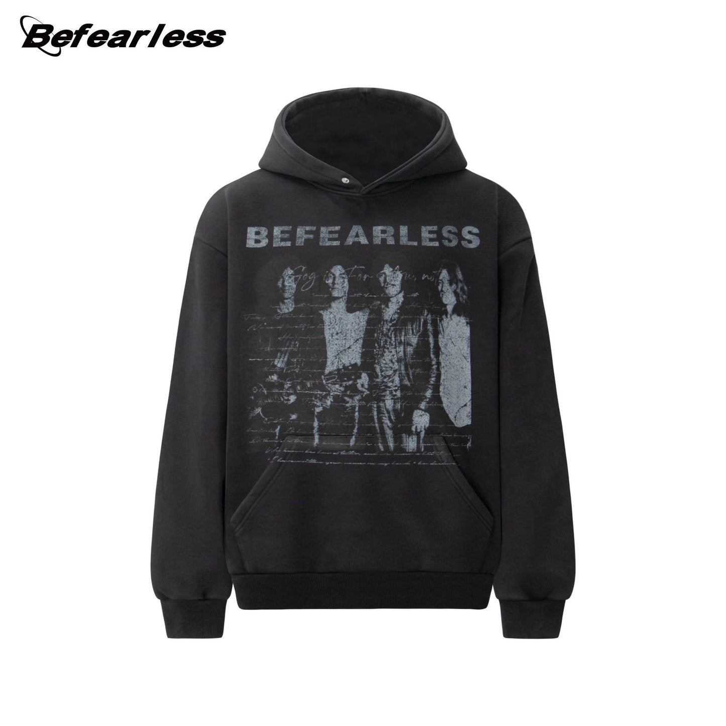 Washed Rock Band Print Boxy Pullover Hoodie WN26386
