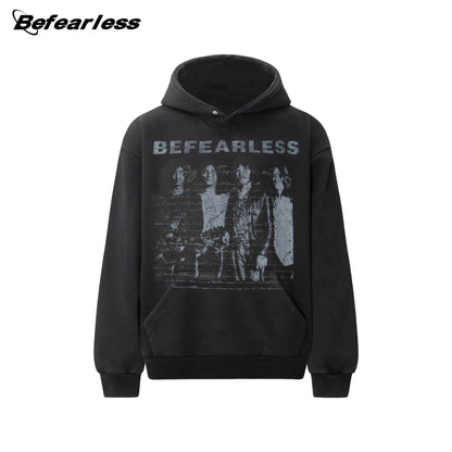 Washed Rock Band Print Boxy Pullover Hoodie WN26386
