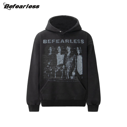 Washed Rock Band Print Boxy Pullover Hoodie WN26386