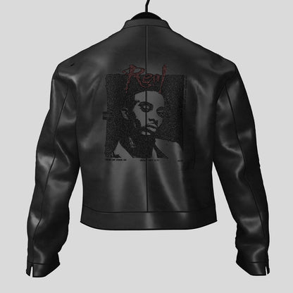 Stand Neck Graphic PU Leather Jacket WN27089