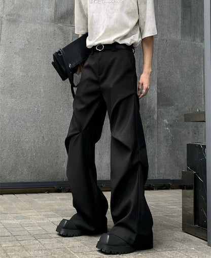 Pleats Black Color Flare Trousers WN20045