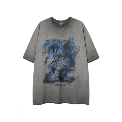 Wash Butterfly Print Oversize Unisex Short Sleeve T-Shirt WN5371