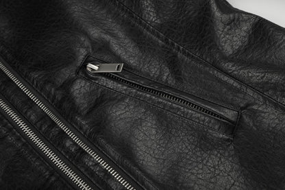 Diagonal Zipper Metal Stud Belt Short PU Leather Jacket WN27862