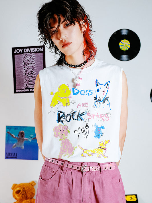 Hand-Drawn Design Rhinestone Detail Sleeveless T-Shirt WN16062