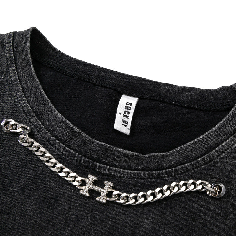 Metal Chain Oversize Washed Damage Tank Top WN16524