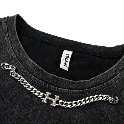 Metal Chain Oversize Washed Damage Tank Top WN16524