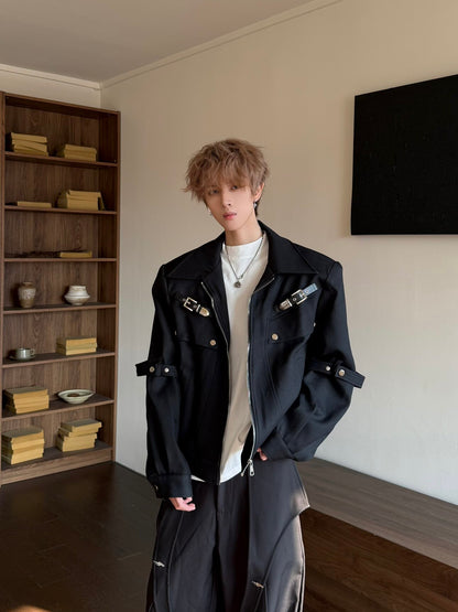 Structured Shoulder Metal Buckle Zip-Up Jacket WN23196