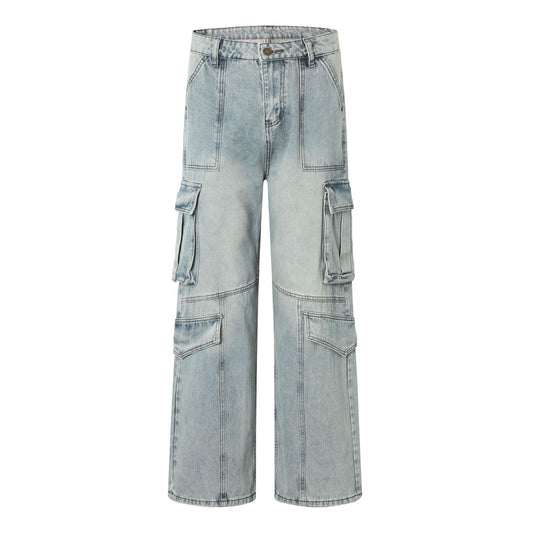 Washed Wide-Leg Straight Denim Cargo Jeans WN14029