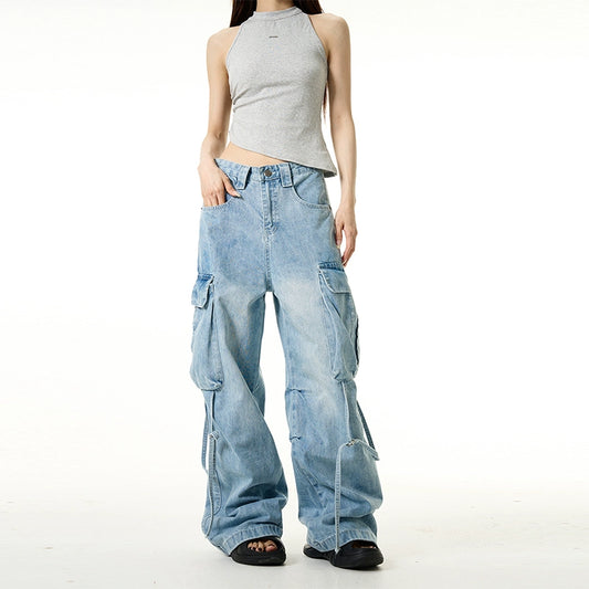 Multi-pocket Wide-Leg Straight Cargo Denim Jeans WN7618