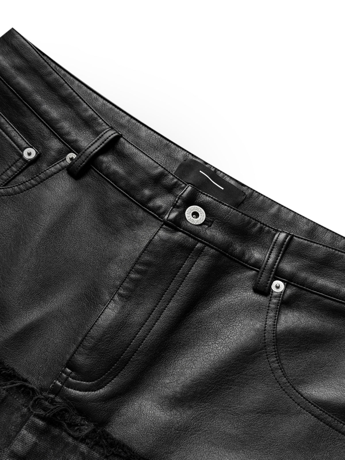 Double Waist PU Leather Patchwork Damage Denim Jeans WN27081
