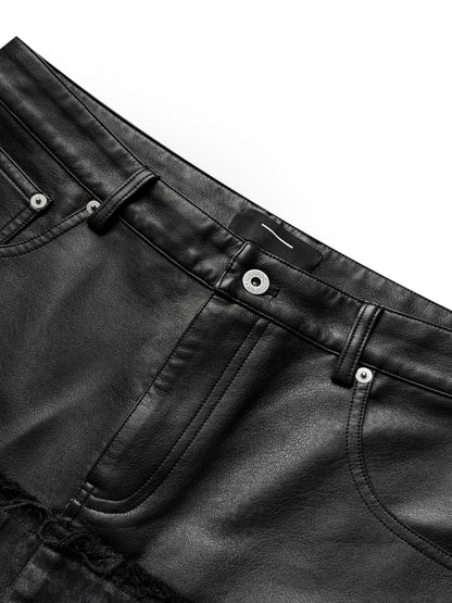 Double Waist PU Leather Patchwork Damage Denim Jeans WN27081
