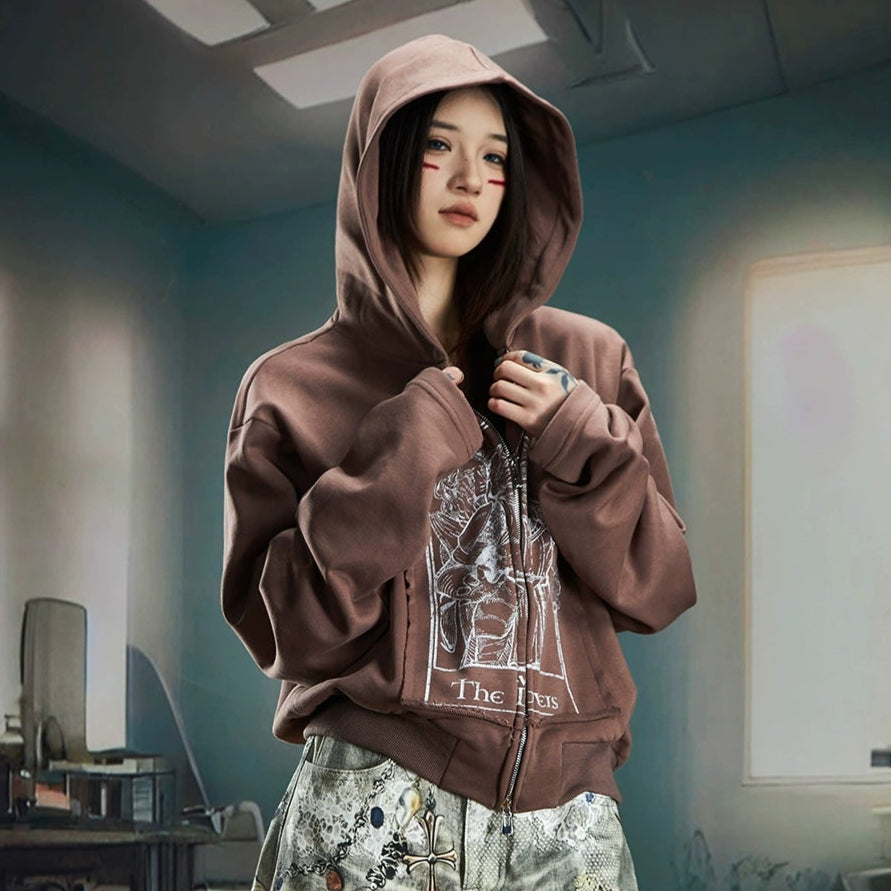 Print Short Slim Double Zipper Hoodie WN20577