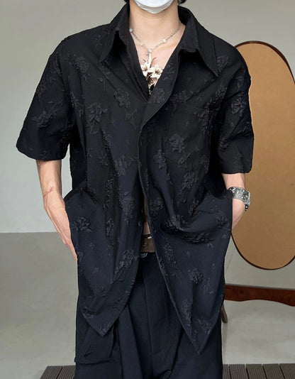 Embroidery Floral Two-Button Jacquard Short Sleeve Shirt WN20018