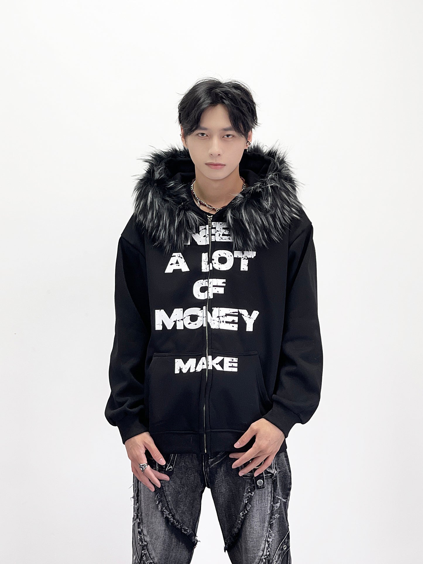 Letter Detachable Fake Fur Fleece Lining Hoodie WN24252