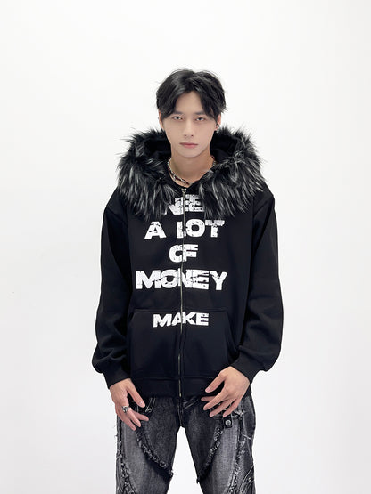 Letter Detachable Fake Fur Fleece Lining Hoodie WN24252
