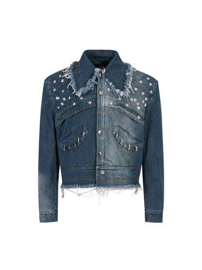 Deconstruction Rivet Design Washed Damege Denim Jacket & Denim Jeans Setup WN21969