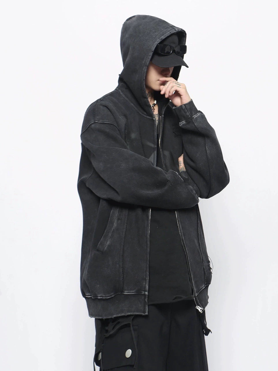 Washed Oversize Damage Zipper Hoodie WN10913