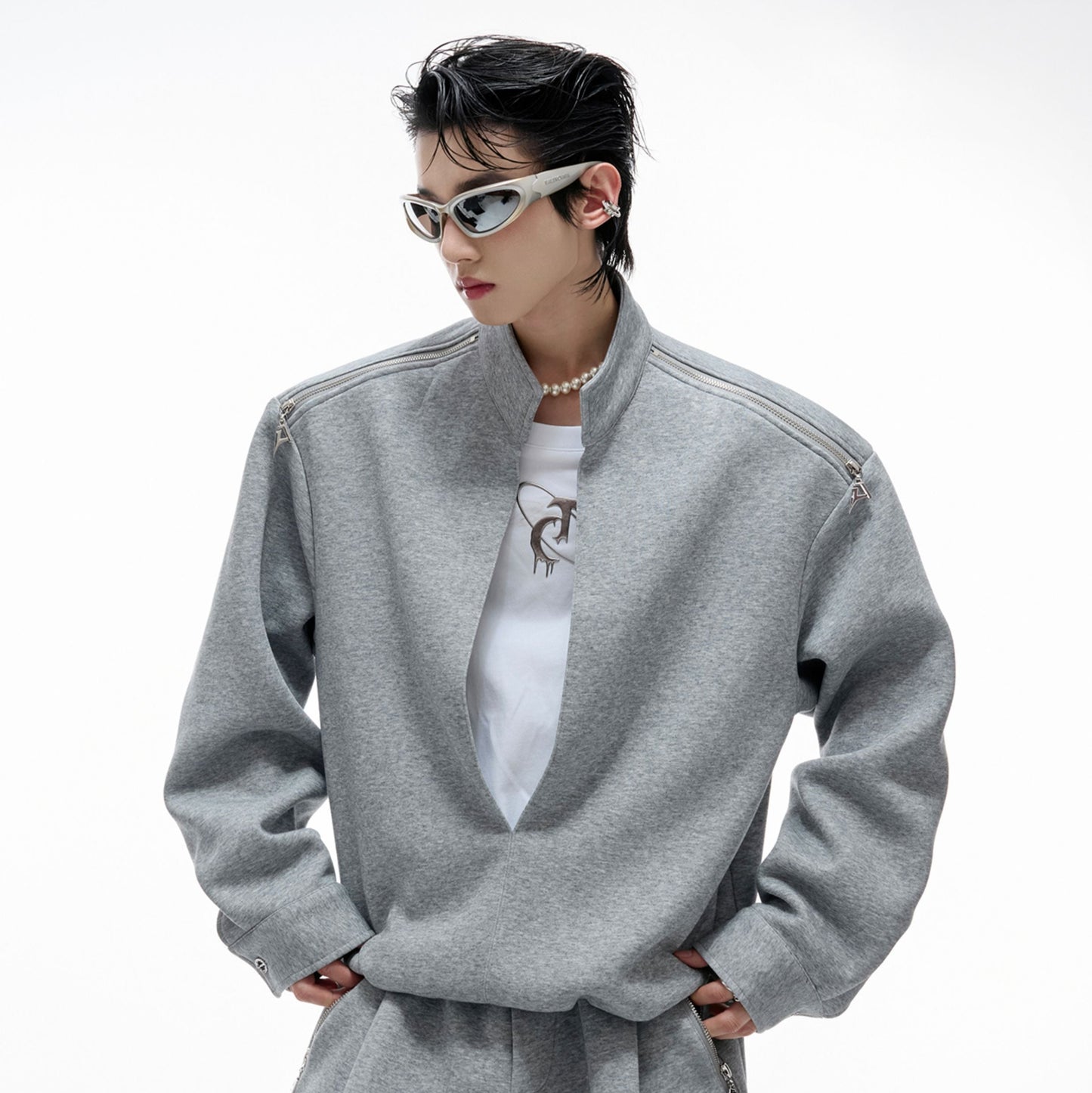 Fake Layered Zipper Design Sweatshirt & Wide Leg Sweatpants Setup WN20542