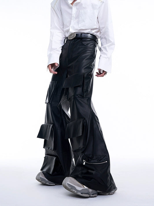 Multi Pocket PU Leather Wide Leg Cargo Pants WN8089