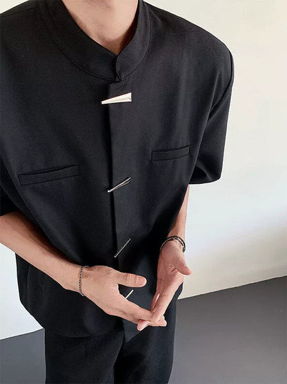 Mandarin Collar Design Short Sleeve Shirt WN19298