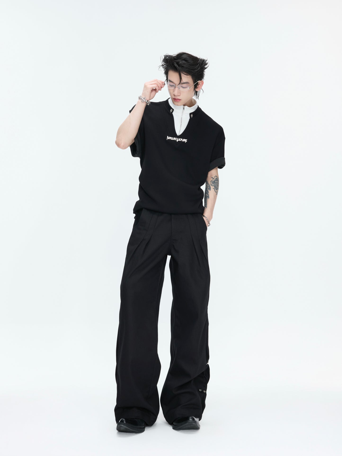 Fake Layered Stand Neck Boxy Short Sleeve T-Shirt WN26981
