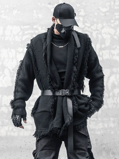 Oversize Asymmetric Cut Tassel Knit Cardigan WN22416