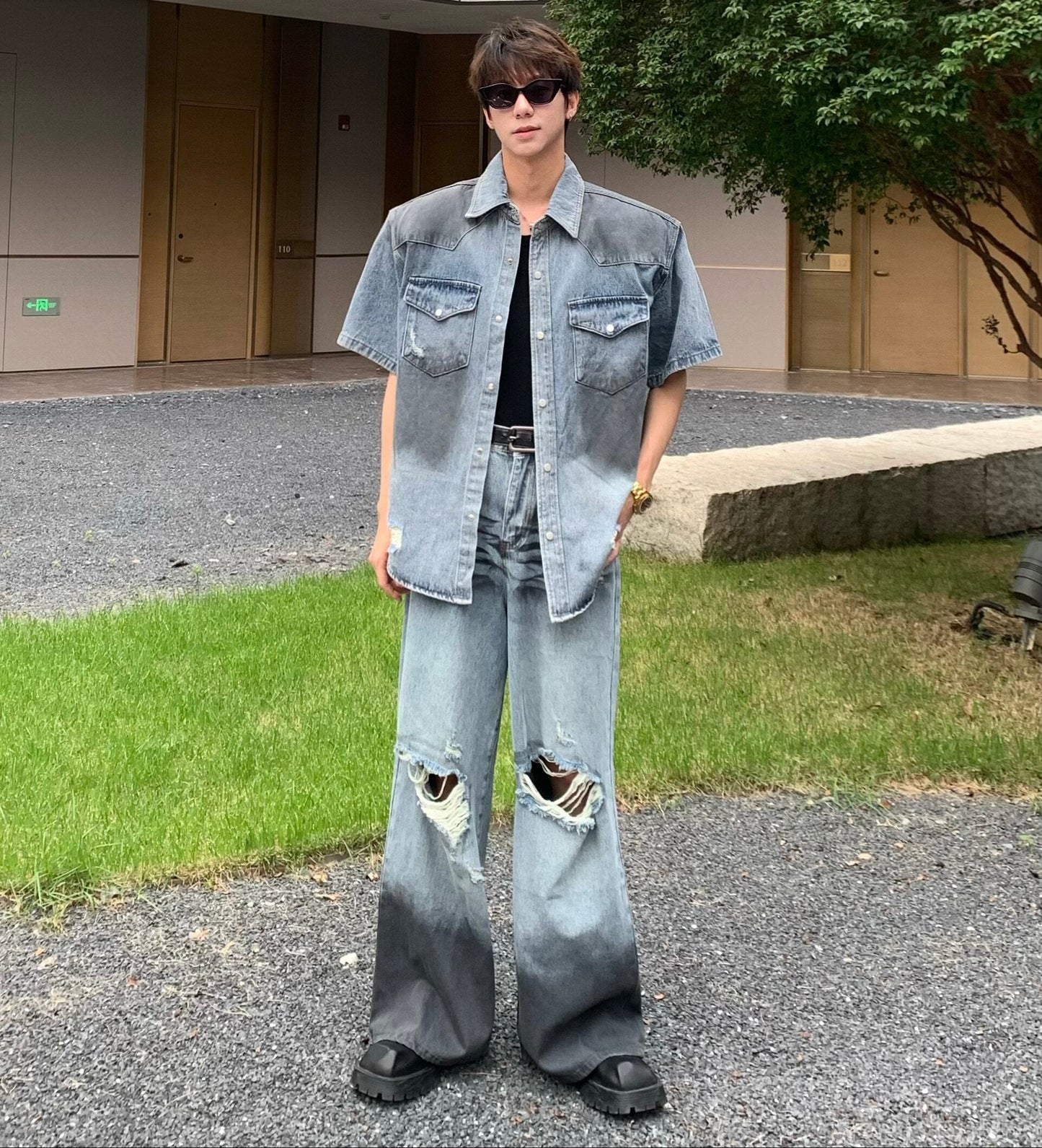 Damage Wash Shoulder-pad Denim Short Sleeve Shirt & Damage Wide Leg Denim Jeans Setup WN25233