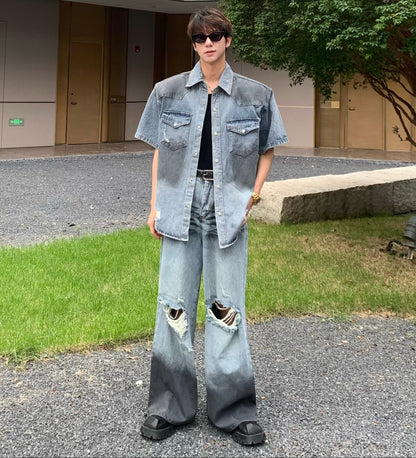 Damage Wash Shoulder-pad Denim Short Sleeve Shirt & Damage Wide Leg Denim Jeans Setup WN25233