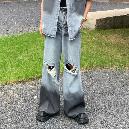 Damage Wash Shoulder-pad Denim Short Sleeve Shirt & Damage Wide Leg Denim Jeans Setup WN25233