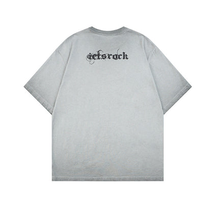 Washed Portrait Letter Print Short Sleeve T-Shirt WN25387