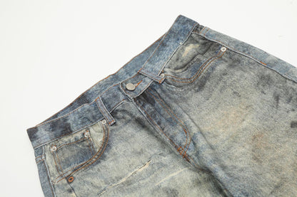 Dirty Dye Print Washed Straight Leg Denim Jeans WN16118