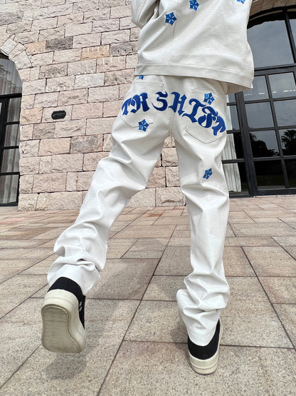 Cross Print Button Denim Jacket & Straight Denim Jeans Setup WN24183