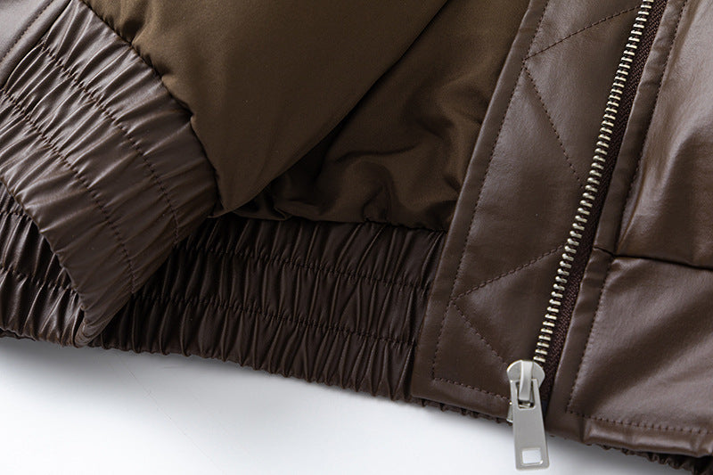Quilted Short PU Leather Puffer Jacket WN11319