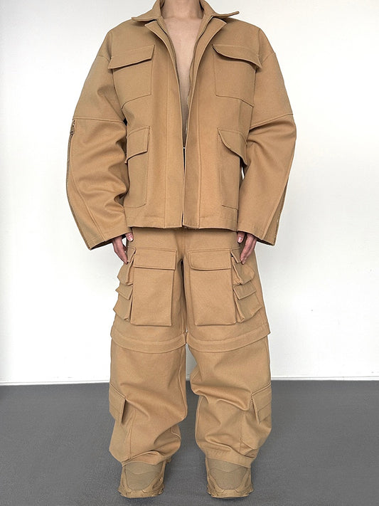 Heavyweight Canvas Oversize Jacket & Detachable Wide-Leg Cargo Pants Setup WN15149