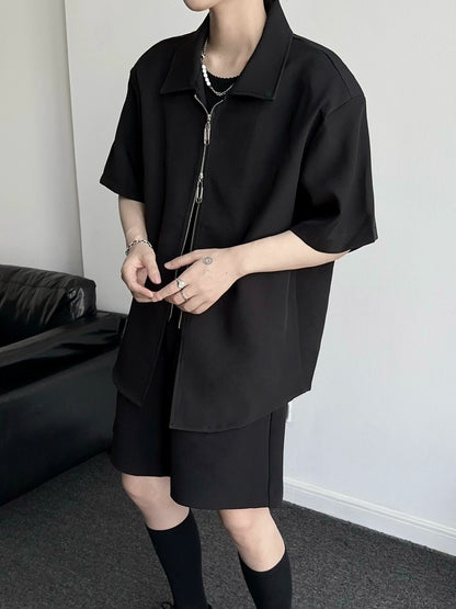 Metal Zipper Oversize Short Sleeve Shirt WN19351