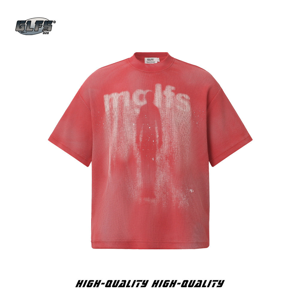 Waffle Faded Letter Print Short Sleeve T-Shirt WN26478